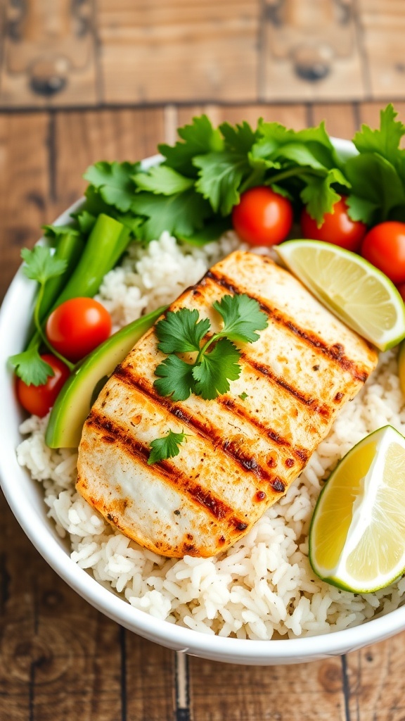 A colorful grilled tilapia bowl with rice, avocado, cherry tomatoes, and greens, garnished with cilantro and lime.